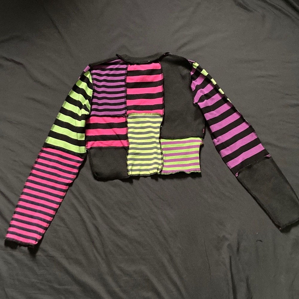 The Ragged Priest Patchwork Striped Long Sleeve Crop Pink Purple Green Size S - Picture 2 of 11